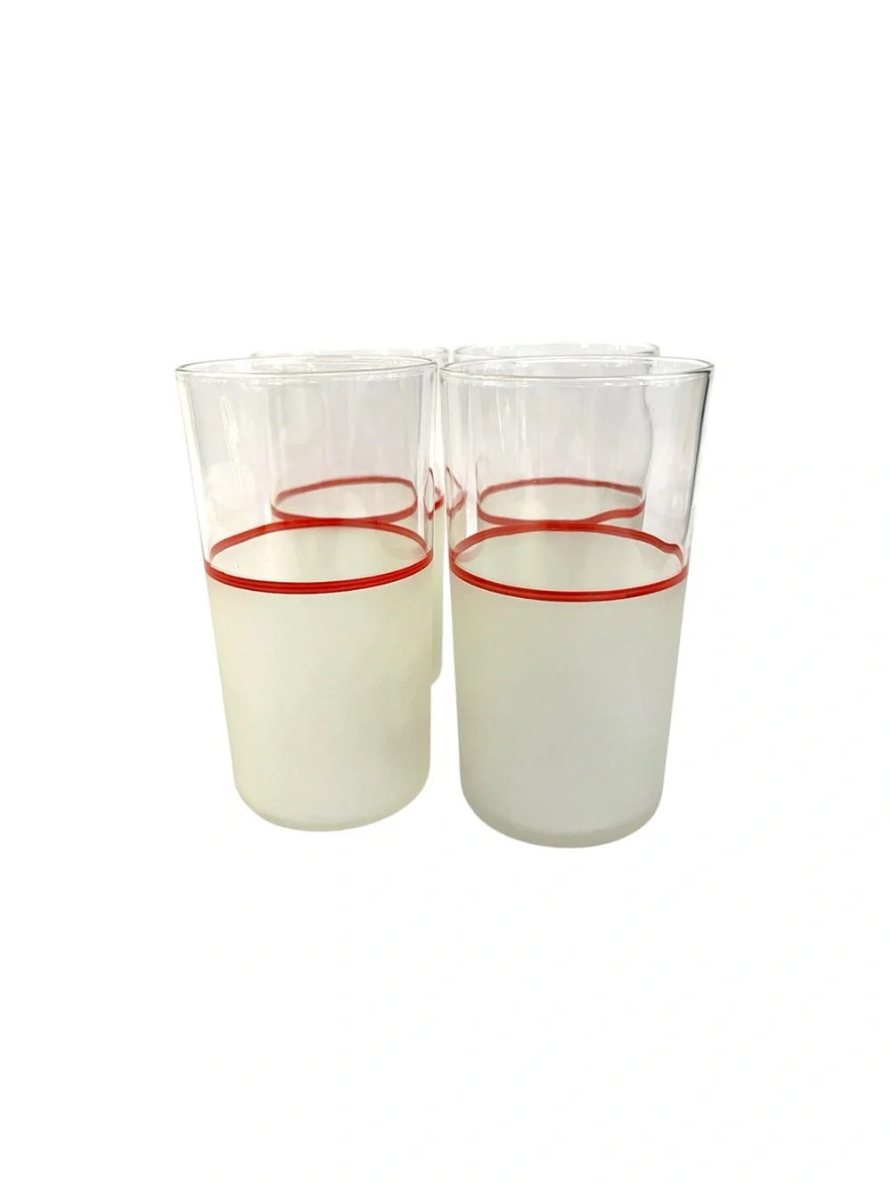 Vintage Mid Century Frosted Highball Glasses Red Stripe Band MCM Tumblers 4.75